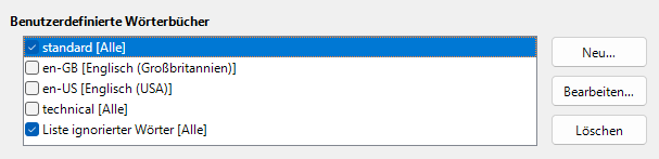 Screenshot Benutzerdefinierte Wörterbücher